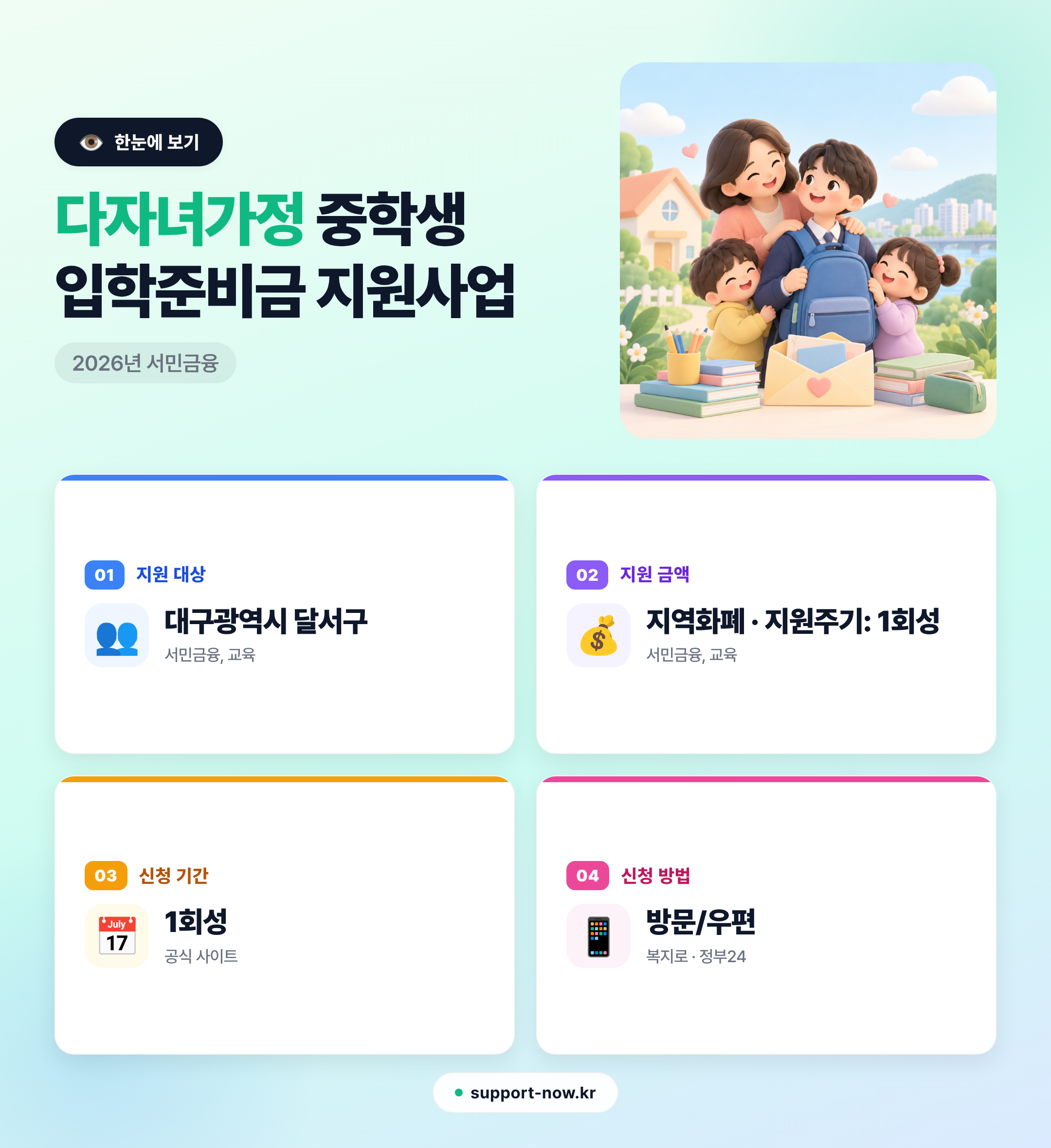2026 다자녀가정 중학생 입학준비금 지원사업 총정리 (달서구) 한눈에 보기 카드뉴스