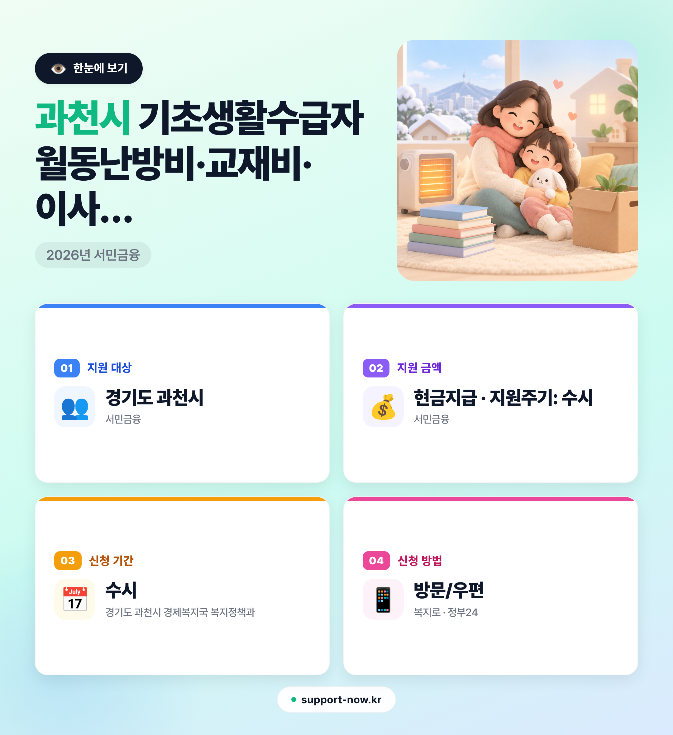 2026 과천시 기초생활수급자 월동난방비·교재비·이사비 지원 총정리 한눈에 보기 카드뉴스