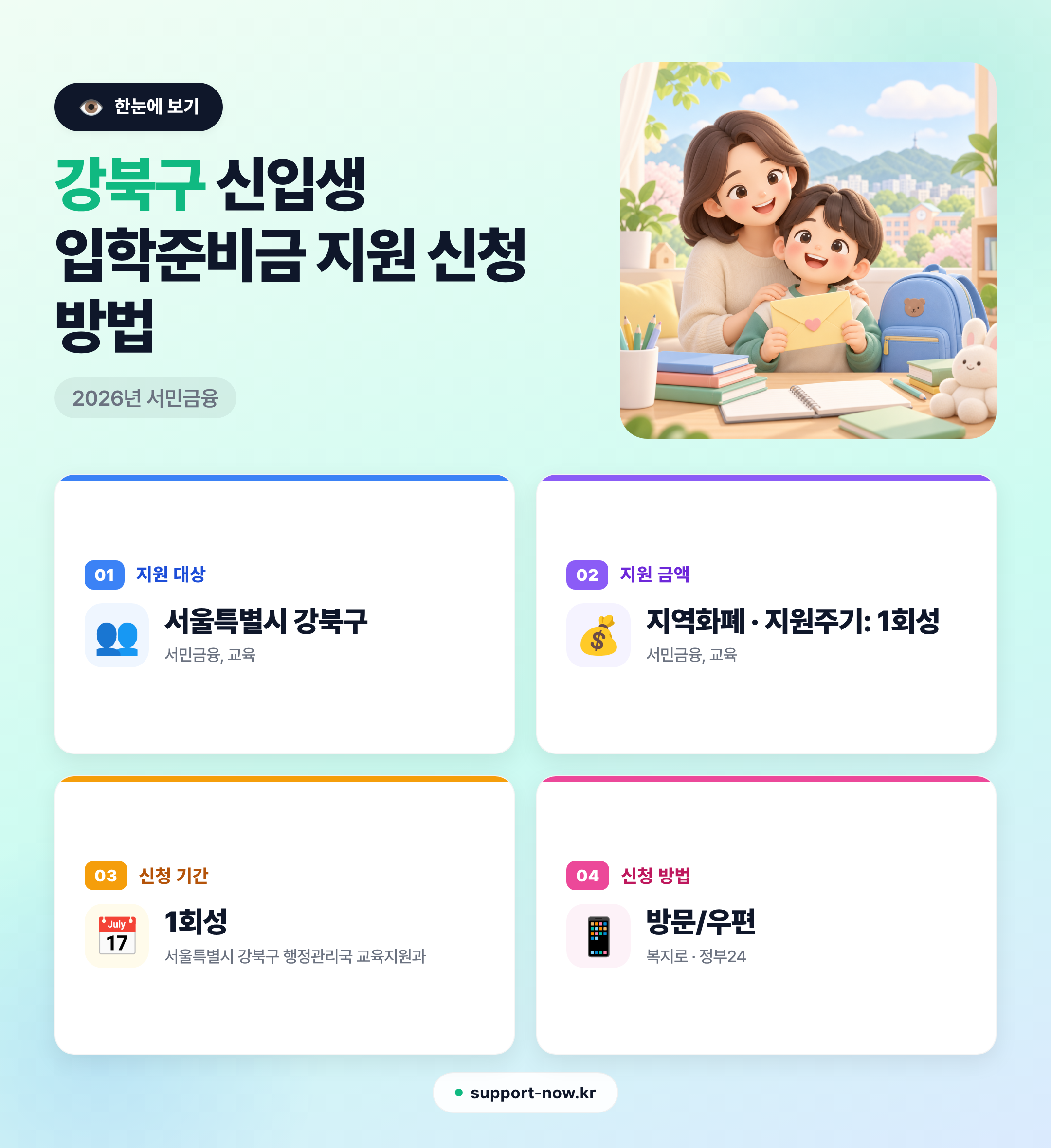 2026 강북구 신입생 입학준비금 지원 신청 방법 총정리 한눈에 보기 카드뉴스